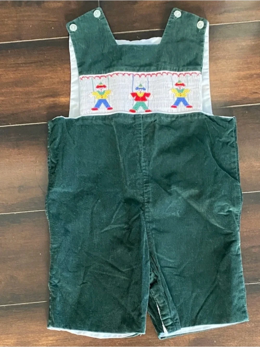Vintage Anavini Green Corduroy Kids Short Overalls Embroidered Puppets